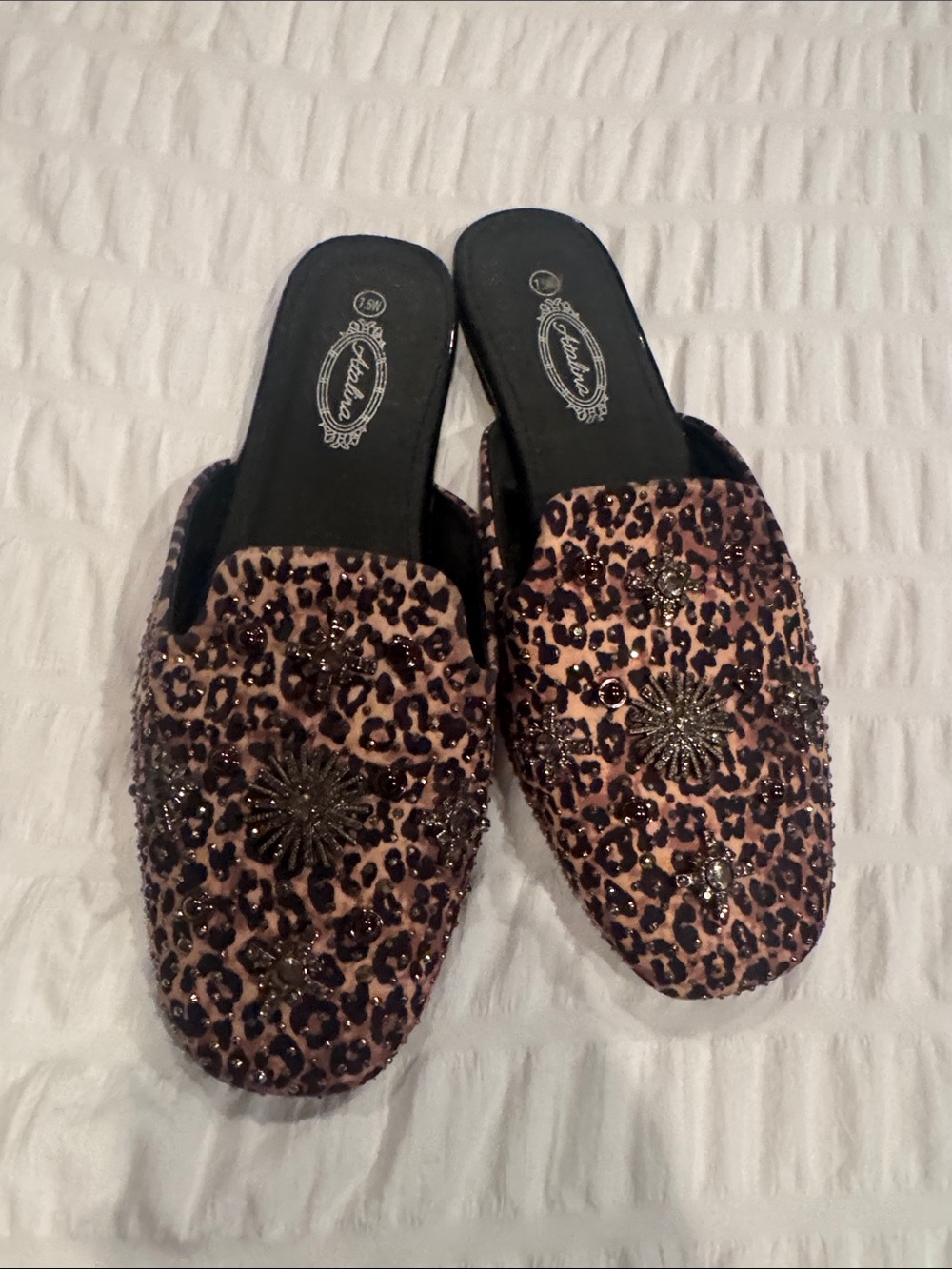 Leopard Print Beaded Slip-On Mules - Tan/Black
